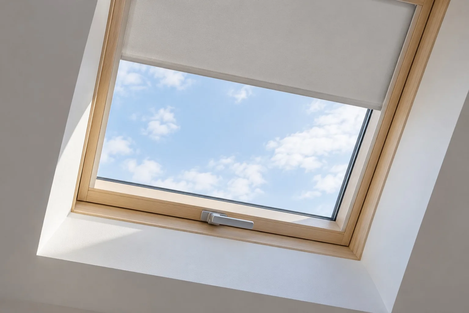Dachfenster mit gut sichtbarem Griff und teilweise ausgezogenem Rollo